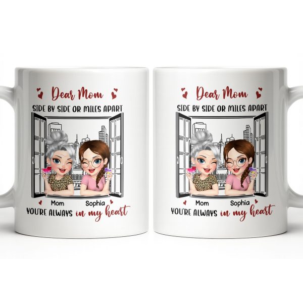 Dear Mom Side By Side Or Miles Apart Cityscape And Hearts Design - Personalized Custom Coffee Mug - MOM135_MG Dear Mom Side By Side Or Miles Apart Cityscape And Hearts Design - Personalized Custom Coffee Mug - MOM135_MG