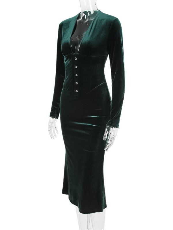 Deep Neck Velvet Long Sleeve Bodycon Midi Dress Deep Neck Velvet Long Sleeve Bodycon Midi Dress