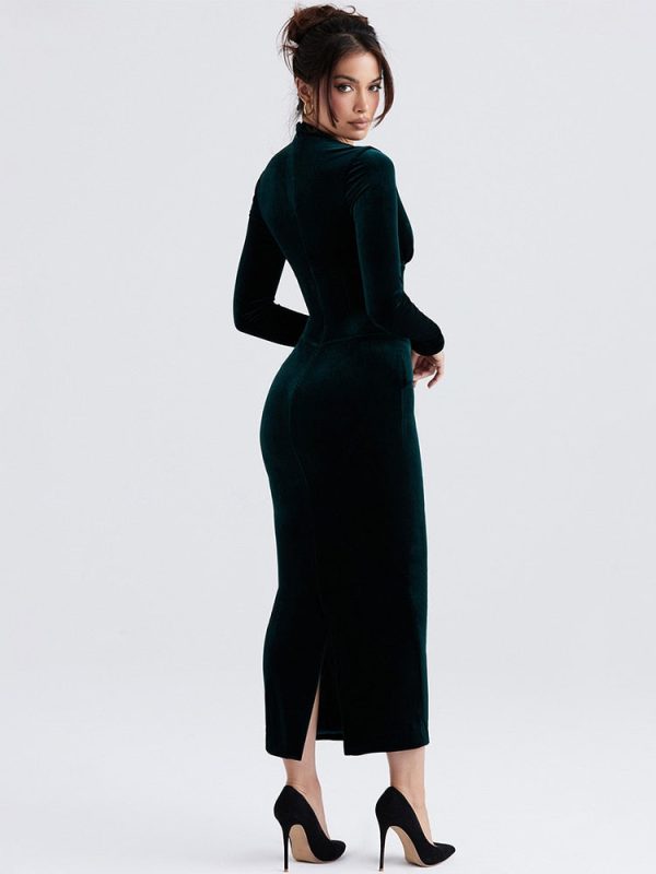 Deep Neck Velvet Long Sleeve Bodycon Midi Dress Deep Neck Velvet Long Sleeve Bodycon Midi Dress