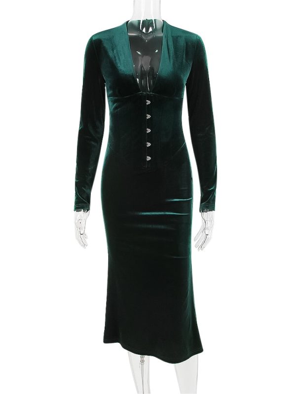 Deep Neck Velvet Long Sleeve Bodycon Midi Dress Deep Neck Velvet Long Sleeve Bodycon Midi Dress