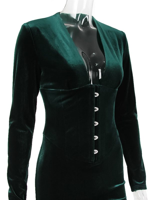 Deep Neck Velvet Long Sleeve Bodycon Midi Dress Deep Neck Velvet Long Sleeve Bodycon Midi Dress