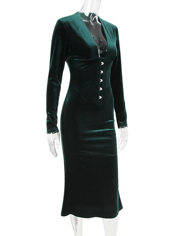 Deep Neck Velvet Long Sleeve Bodycon Midi Dress Deep Neck Velvet Long Sleeve Bodycon Midi Dress