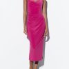 Deeppink Draped Neck Thin Double Straps Midi Dress Deeppink Draped Neck Thin Double Straps Midi Dress