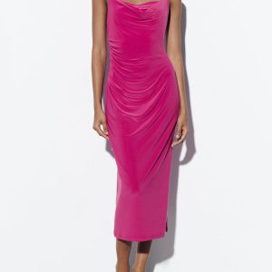 Deeppink Draped Neck Thin Double Straps Midi Dress