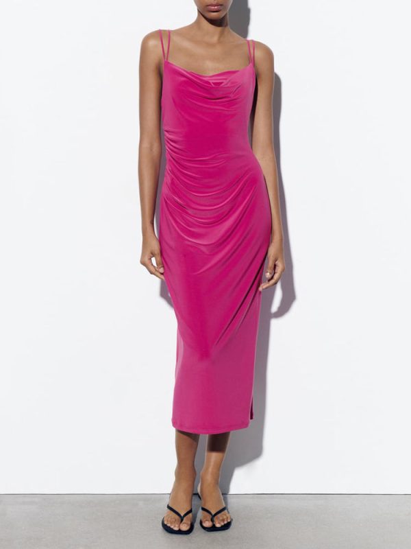 Deeppink Draped Neck Thin Double Straps Midi Dress Deeppink Draped Neck Thin Double Straps Midi Dress