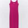 Deeppink Draped Neck Thin Double Straps Midi Dress Deeppink Draped Neck Thin Double Straps Midi Dress