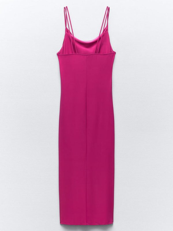 Deeppink Draped Neck Thin Double Straps Midi Dress Deeppink Draped Neck Thin Double Straps Midi Dress