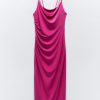 Deeppink Draped Neck Thin Double Straps Midi Dress Deeppink Draped Neck Thin Double Straps Midi Dress