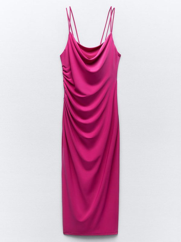 Deeppink Draped Neck Thin Double Straps Midi Dress Deeppink Draped Neck Thin Double Straps Midi Dress