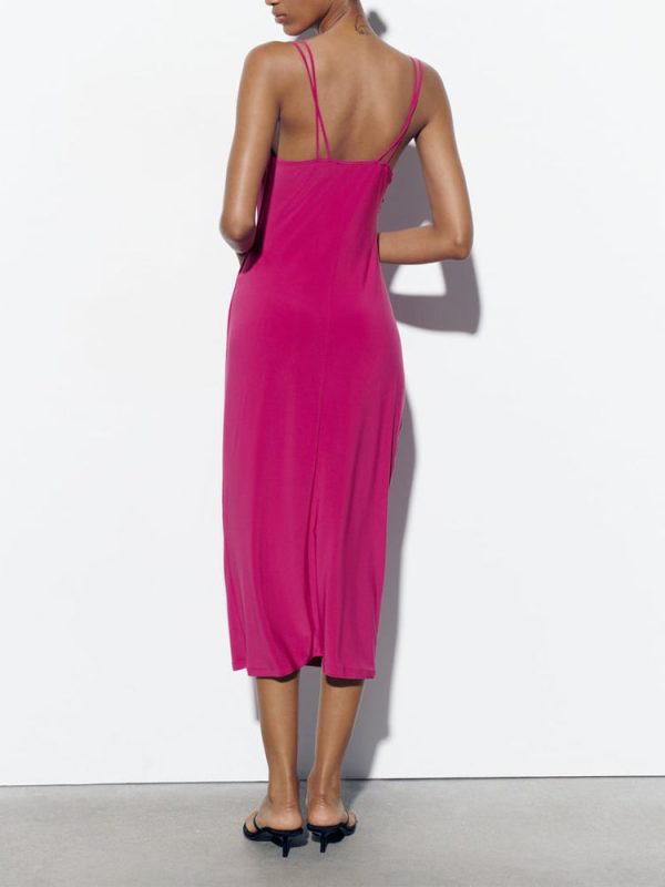 Deeppink Draped Neck Thin Double Straps Midi Dress Deeppink Draped Neck Thin Double Straps Midi Dress