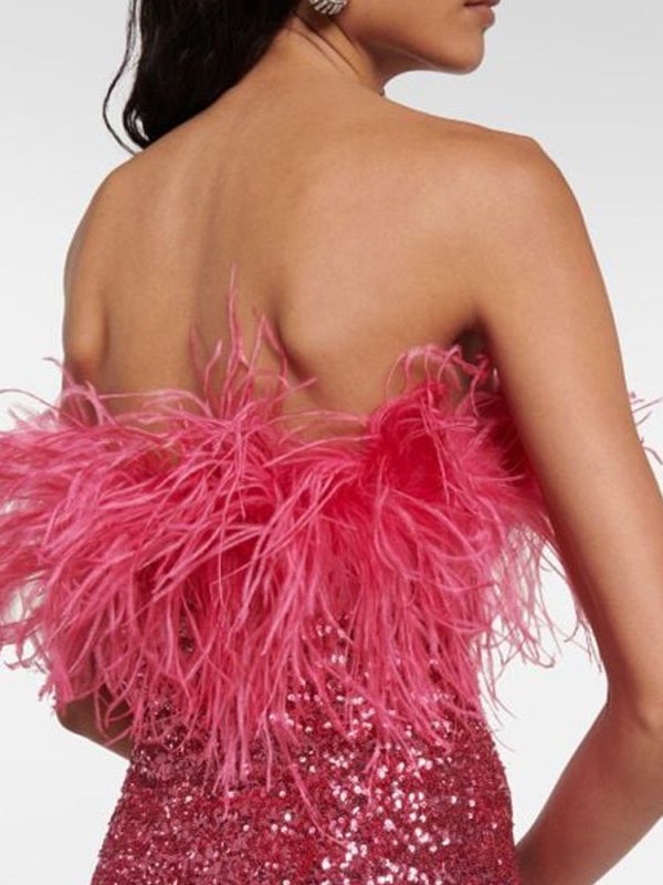Deeppink Feather Trim Sequin Strapless Mini Dress Deeppink Feather Trim Sequin Strapless Mini Dress