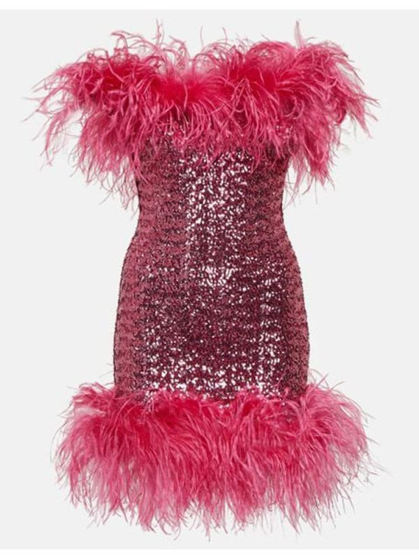 Deeppink Feather Trim Sequin Strapless Mini Dress Deeppink Feather Trim Sequin Strapless Mini Dress