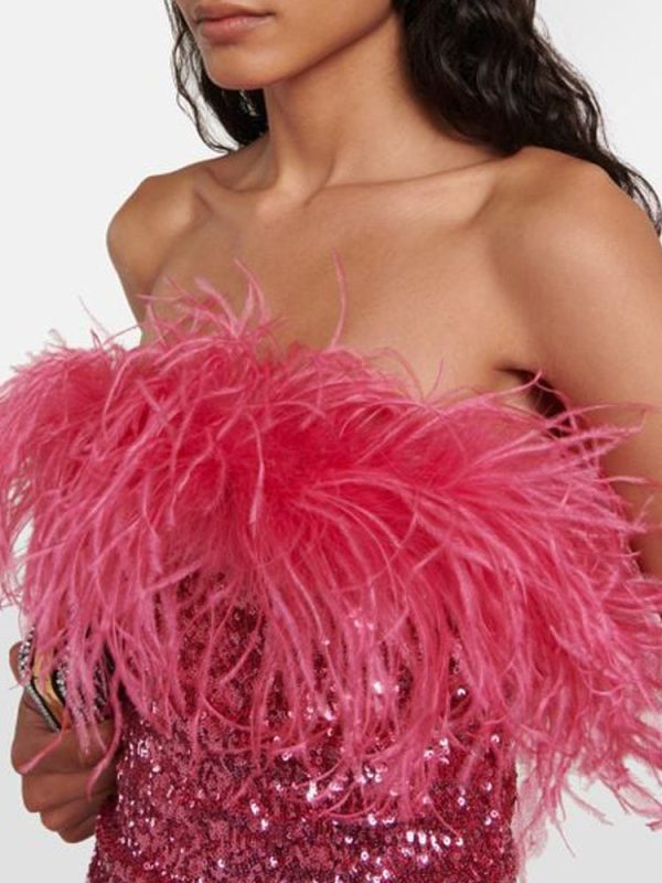 Deeppink Feather Trim Sequin Strapless Mini Dress Deeppink Feather Trim Sequin Strapless Mini Dress