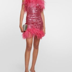 Deeppink Feather Trim Sequin Strapless Mini Dress