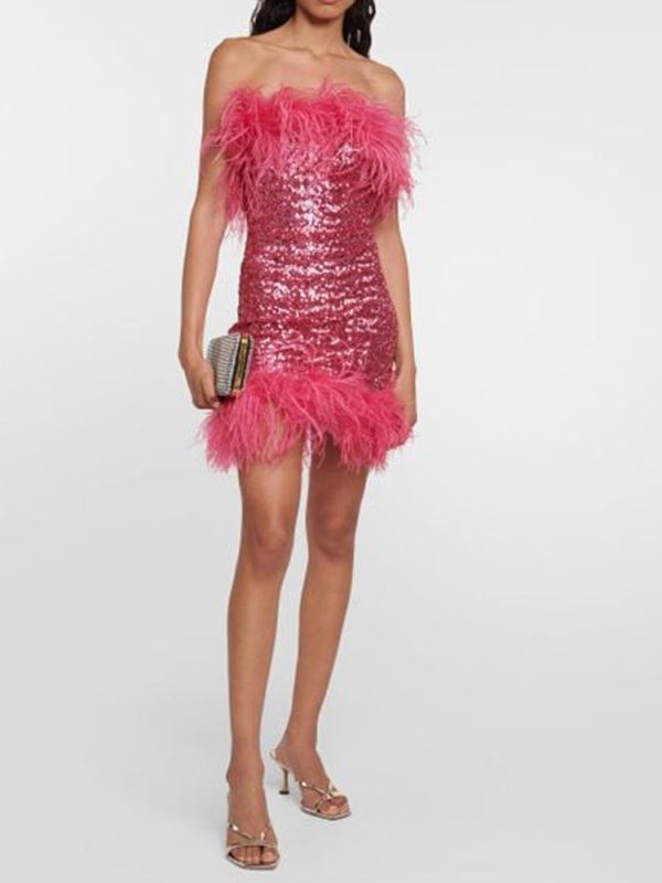 Deeppink Feather Trim Sequin Strapless Mini Dress Deeppink Feather Trim Sequin Strapless Mini Dress
