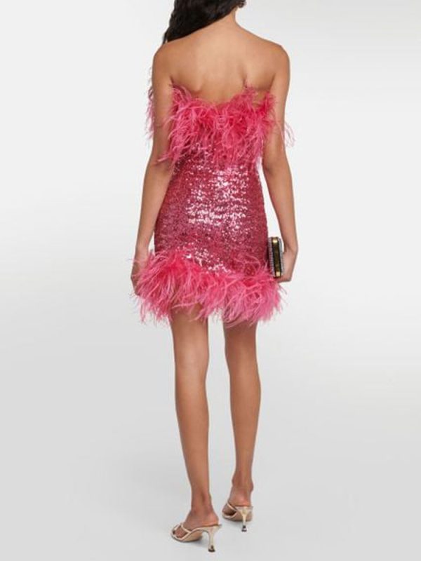 Deeppink Feather Trim Sequin Strapless Mini Dress Deeppink Feather Trim Sequin Strapless Mini Dress