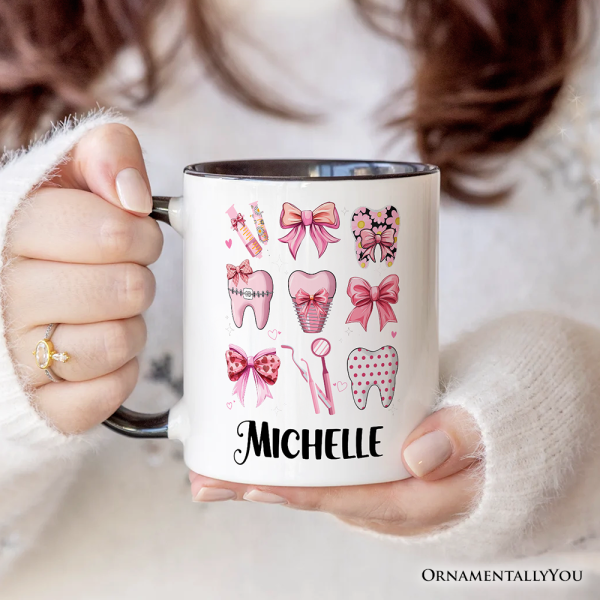 Dental Squad Coquette Personalized Mug, Pink Teeth Dentist Life Bow Gift with Custom Name Dental Squad Coquette Personalized Mug, Pink Teeth Dentist Life Bow Gift with Custom Name