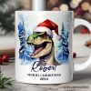 Dinosaur with Santa Hat Personalized Mug, Winter Forest Christmas Gift With Custom Name and Date Dinosaur with Santa Hat Personalized Mug, Winter Forest Christmas Gift With Custom Name and Date