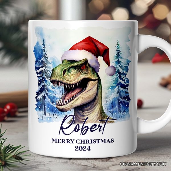 Dinosaur with Santa Hat Personalized Mug, Winter Forest Christmas Gift With Custom Name and Date Dinosaur with Santa Hat Personalized Mug, Winter Forest Christmas Gift With Custom Name and Date
