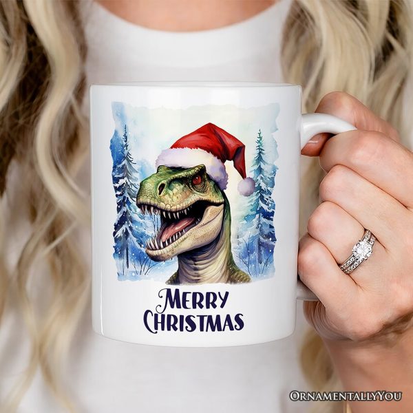 Dinosaur with Santa Hat Personalized Mug, Winter Forest Christmas Gift With Custom Name and Date Dinosaur with Santa Hat Personalized Mug, Winter Forest Christmas Gift With Custom Name and Date