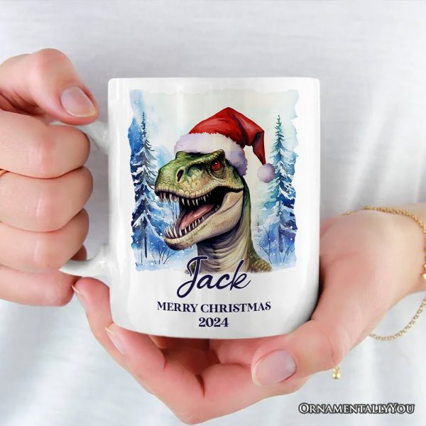 Dinosaur with Santa Hat Personalized Mug, Winter Forest Christmas Gift With Custom Name and Date Dinosaur with Santa Hat Personalized Mug, Winter Forest Christmas Gift With Custom Name and Date