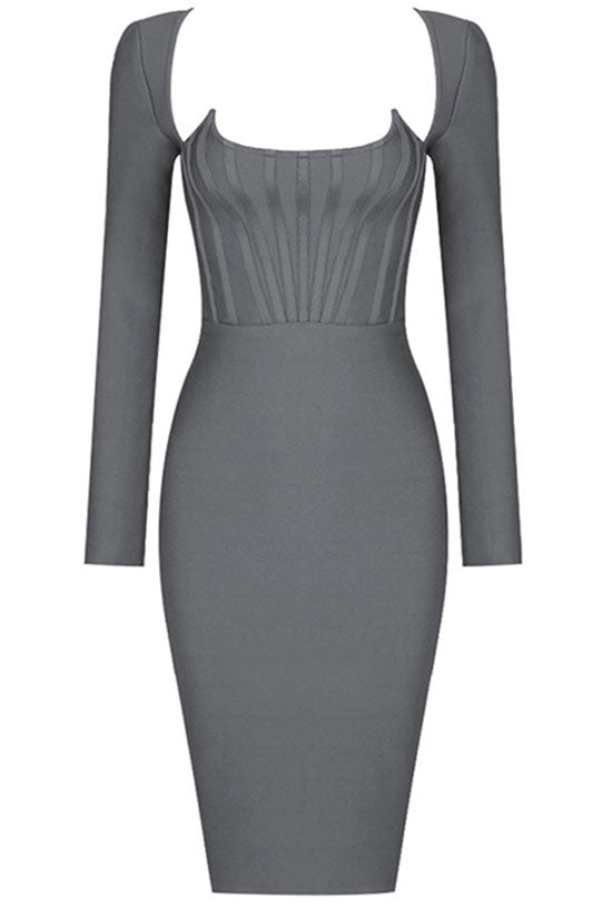 Diva Notch Scoop Neck Long Sleeve Bandage Bodycon Mini Dress - Gray Diva Notch Scoop Neck Long Sleeve Bandage Bodycon Mini Dress - Gray