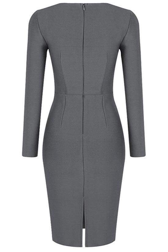 Diva Notch Scoop Neck Long Sleeve Bandage Bodycon Mini Dress - Gray Diva Notch Scoop Neck Long Sleeve Bandage Bodycon Mini Dress - Gray