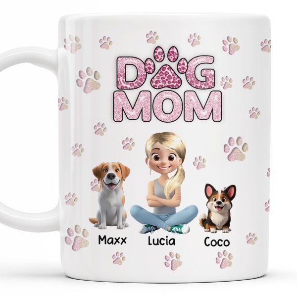 Dog Mom, Paw Prints and Cartoon Dogs - Personalized Custom Coffee Mug - DOG027_MG