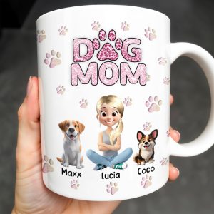 Dog Mom, Paw Prints and Cartoon Dogs - Personalized Custom Coffee Mug - DOG027_MG