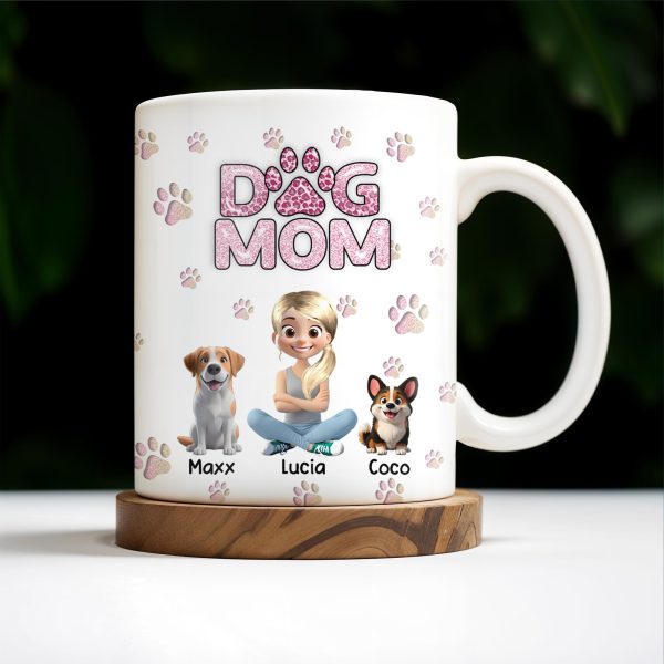 Dog Mom, Paw Prints and Cartoon Dogs - Personalized Custom Coffee Mug - DOG027_MG