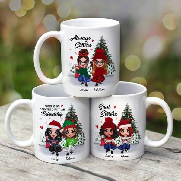 Doll Besties Best Friends Sitting Beside Christmas Tree Personalized Mug Doll Besties Best Friends Sitting Beside Christmas Tree Personalized Mug