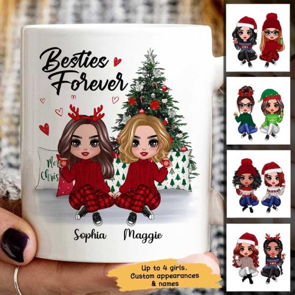 Doll Besties Best Friends Sitting Beside Christmas Tree Personalized Mug Doll Besties Best Friends Sitting Beside Christmas Tree Personalized Mug