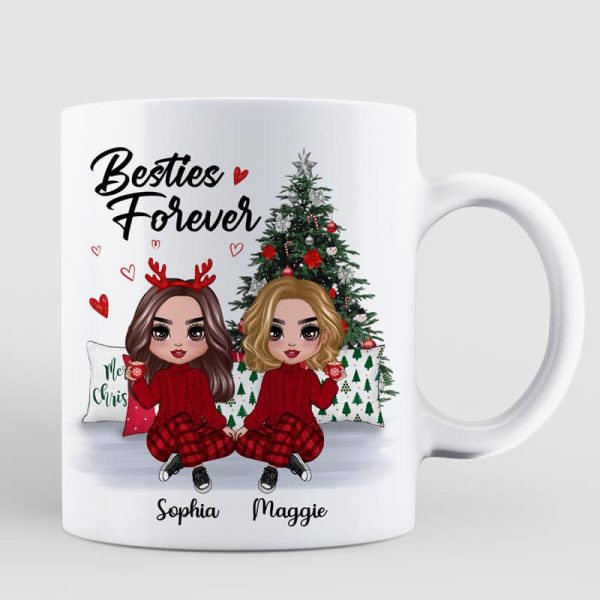 Doll Besties Best Friends Sitting Beside Christmas Tree Personalized Mug Doll Besties Best Friends Sitting Beside Christmas Tree Personalized Mug