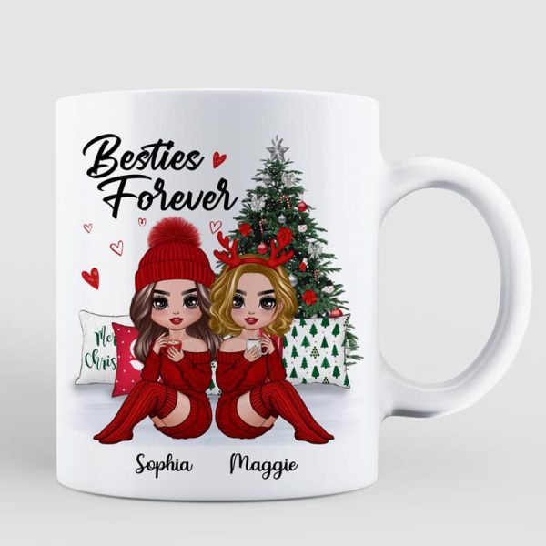 Doll Besties Sitting Beside Christmas Tree Personalized Mug Doll Besties Sitting Beside Christmas Tree Personalized Mug