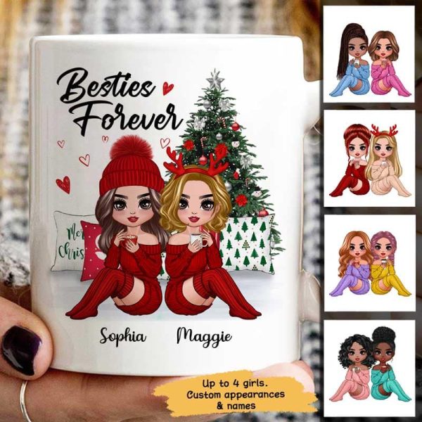 Doll Besties Sitting Beside Christmas Tree Personalized Mug Doll Besties Sitting Beside Christmas Tree Personalized Mug