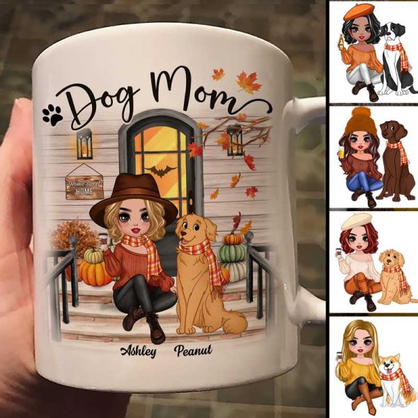 Doll Dog Mom Fall Season Front Porch Personalized Mug Doll Dog Mom Fall Season Front Porch Personalized Mug