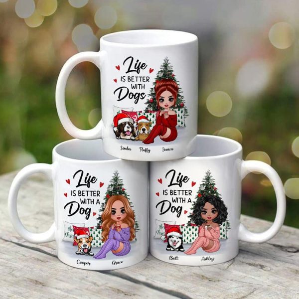 Doll Dog Mom Sitting Beside Christmas Tree Personalized Mug Doll Dog Mom Sitting Beside Christmas Tree Personalized Mug
