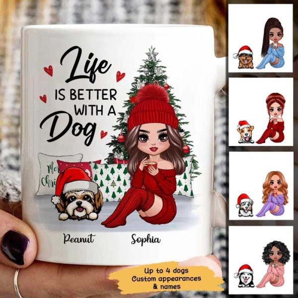 Doll Dog Mom Sitting Beside Christmas Tree Personalized Mug Doll Dog Mom Sitting Beside Christmas Tree Personalized Mug