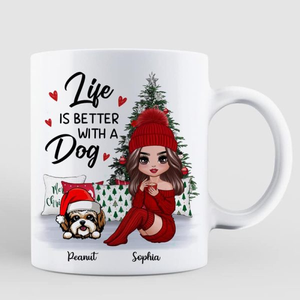 Doll Dog Mom Sitting Beside Christmas Tree Personalized Mug Doll Dog Mom Sitting Beside Christmas Tree Personalized Mug