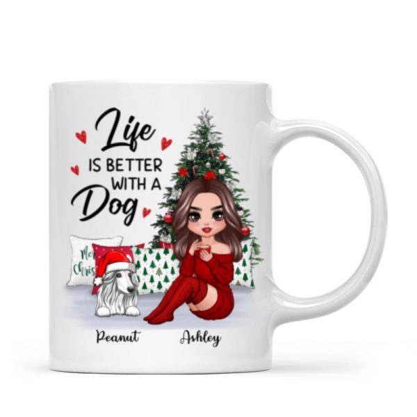 Doll Dog Mom Sitting Beside Christmas Tree Personalized Mug Doll Dog Mom Sitting Beside Christmas Tree Personalized Mug