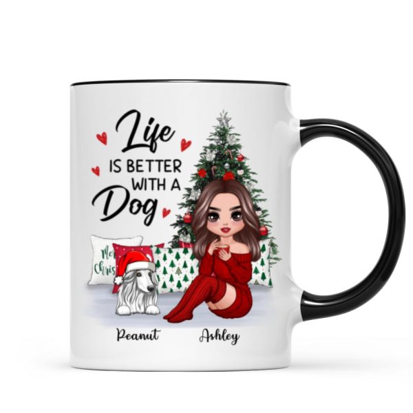 Doll Dog Mom Sitting Beside Christmas Tree Personalized Mug Doll Dog Mom Sitting Beside Christmas Tree Personalized Mug