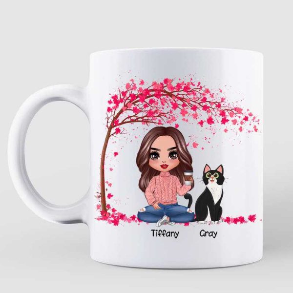 Doll Girl And Cats Under Tree Fall Season Personalized Mug Doll Girl And Cats Under Tree Fall Season Personalized Mug