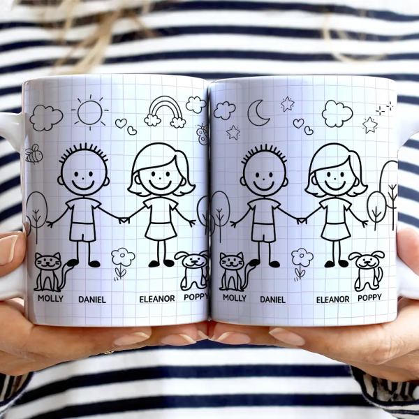 Doodle Stick Figure Couple With Dog Cat - Personalized White Edge-to-Edge Mug
