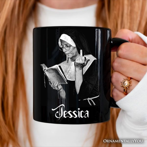 Eccentric Gothic Smoking Nun Personalized Mug, Unique Halloween Gift with Custom Name Eccentric Gothic Smoking Nun Personalized Mug, Unique Halloween Gift with Custom Name