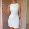 Elegant High Boat Neck Sleeveless Bodycon Mini Dress - White Elegant High Boat Neck Sleeveless Bodycon Mini Dress - White
