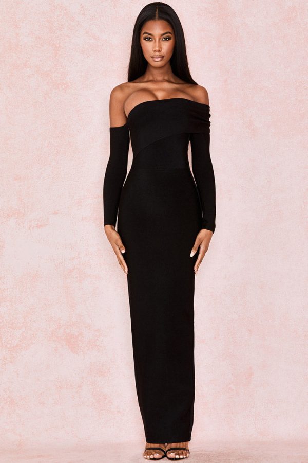 Elegant Off Shoulder Slit Back Bandage Maxi Evening Dress - Black Elegant Off Shoulder Slit Back Bandage Maxi Evening Dress - Black