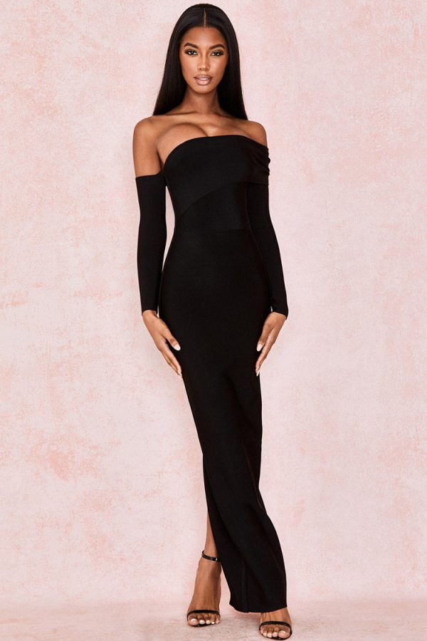 Elegant Off Shoulder Slit Back Bandage Maxi Evening Dress - Black Elegant Off Shoulder Slit Back Bandage Maxi Evening Dress - Black