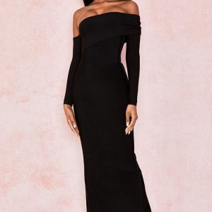 Elegant Off Shoulder Slit Back Bandage Maxi Evening Dress - Black