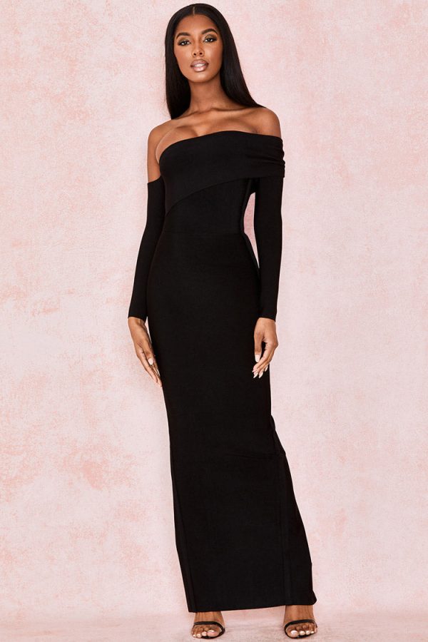 Elegant Off Shoulder Slit Back Bandage Maxi Evening Dress - Black Elegant Off Shoulder Slit Back Bandage Maxi Evening Dress - Black