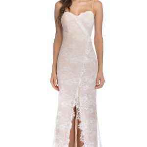 Elegant Sweetheart Spaghetti Strap High Split Lace Evening Maxi Dress - Beige